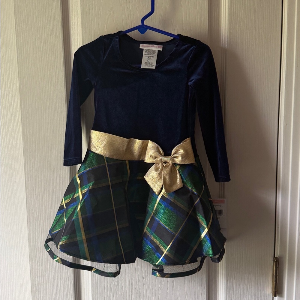 Bonnie Jean Navy Velvet Dress with Green and Gold Plaid Trim